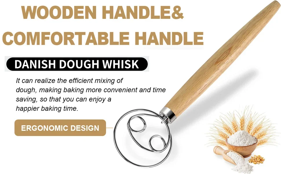 Description Picture 2 of itemDough Mixer Wooden Handle 430 Stainless Steel Bread Dough Whisk Bread Baking Bread Pastry & Pizza Dough Mixer Accessories Tools