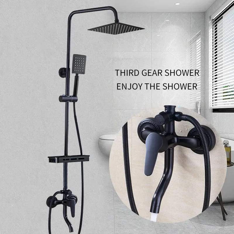 Black Bathroom Shower Home Set Copper  Faucet Wall Mounted Bath   Head