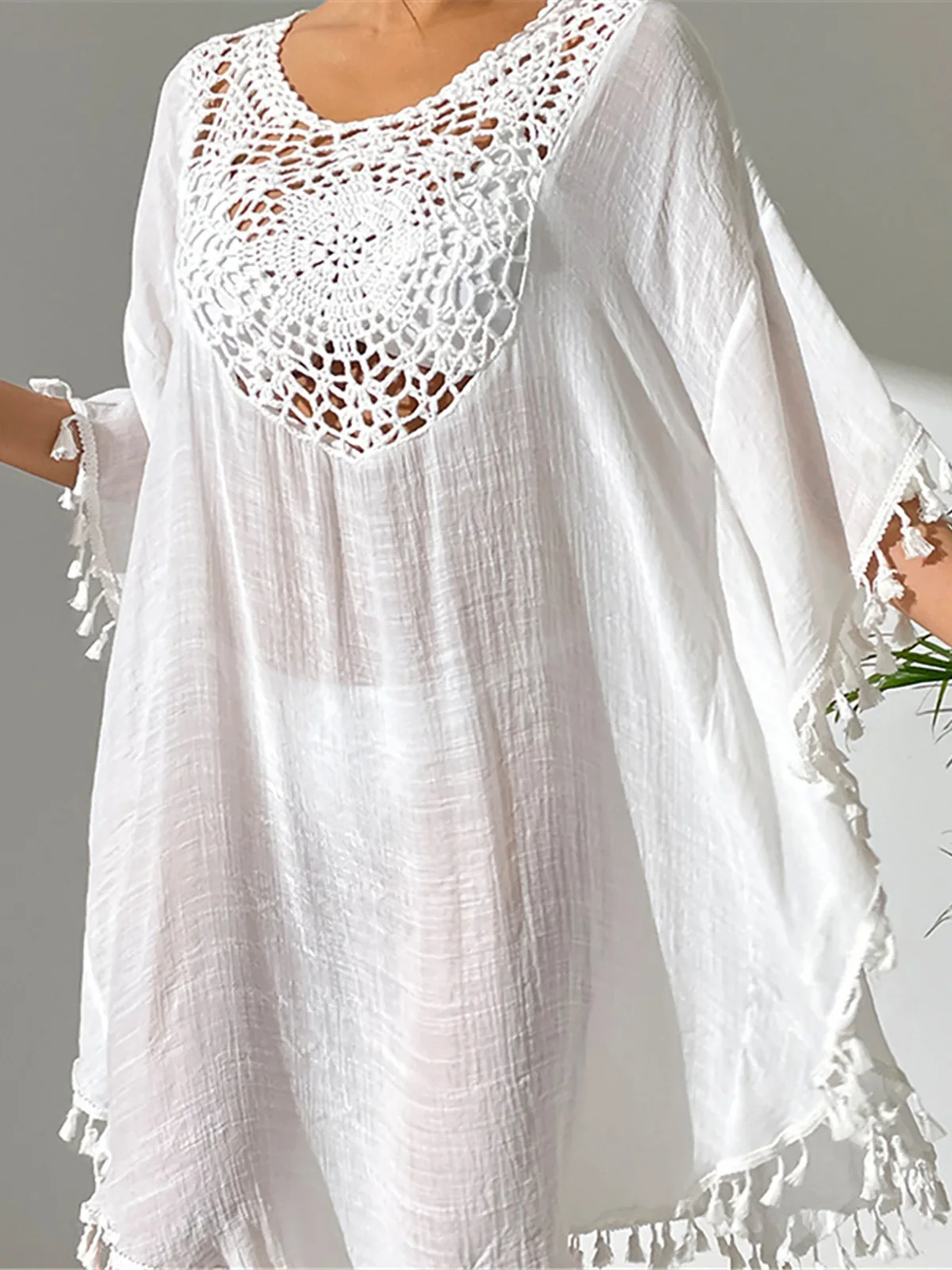New Fringe Tassel Embroidery Half Sleeve Tunic Beach Cover Up Cover-ups Long Beach Dress Beach Wear Beachwear Female Women K5328 4