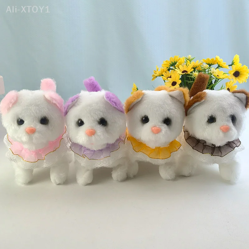 Cute Simulated Collar Lace Kitten Plush Toy Electronic Stuffed Doll Toy Walking Tail Wagging Head Shaking For Kids Birthday Gift
