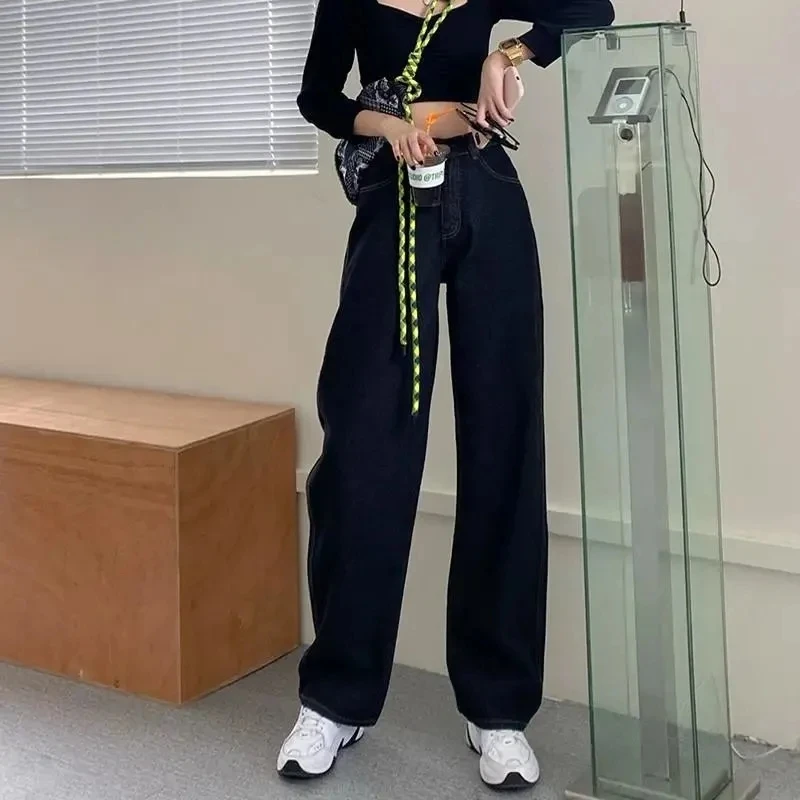 

American Vintage Straight Washed Baggy Women Jeans Solid Casual All-match Black White Loose Streetwear High Waist Denim Pants