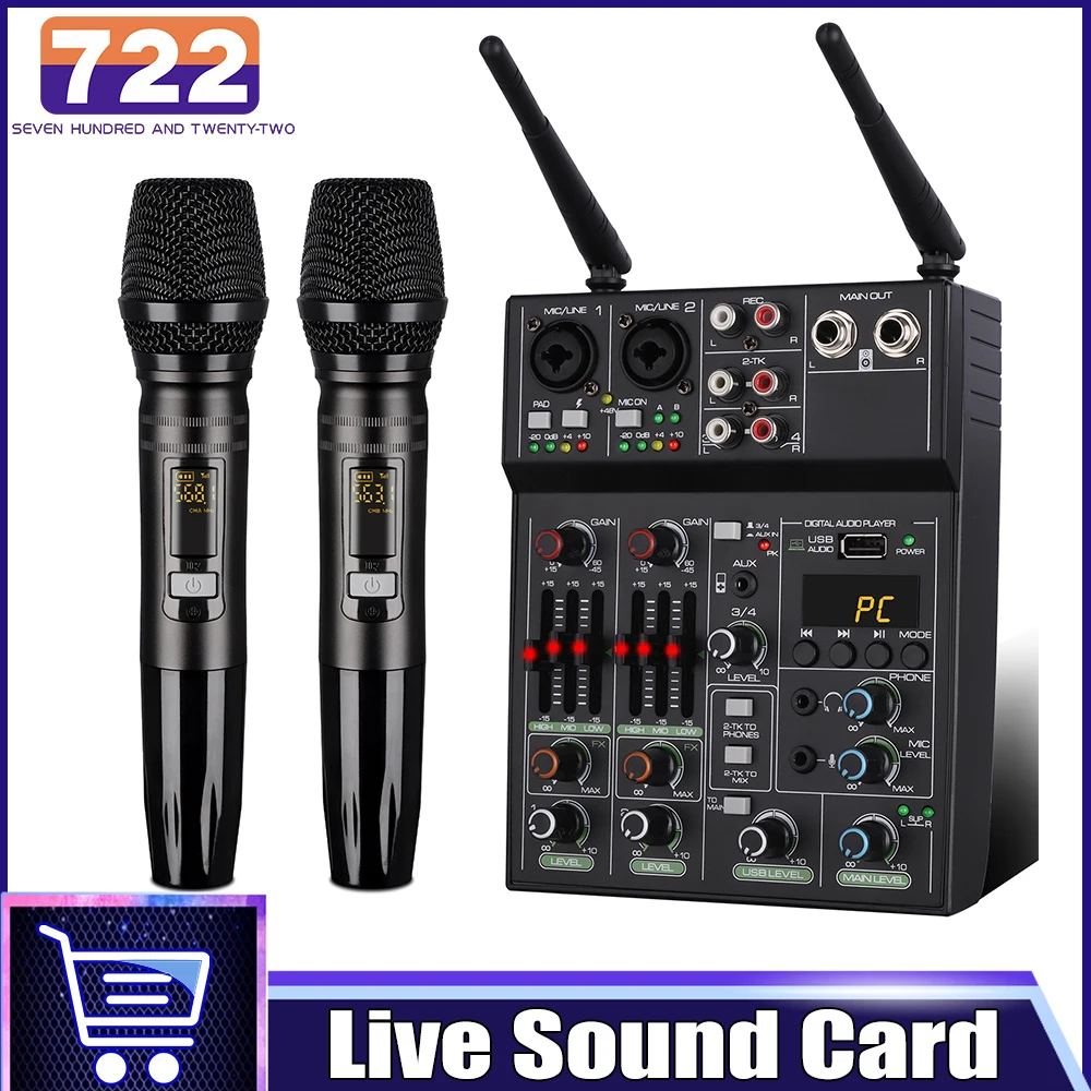 

4 Channel Audio Mixer Professional UHF Wireless Microphone Stage Performance Karaoke Microphone Sound Mixer 48V Phantom Power