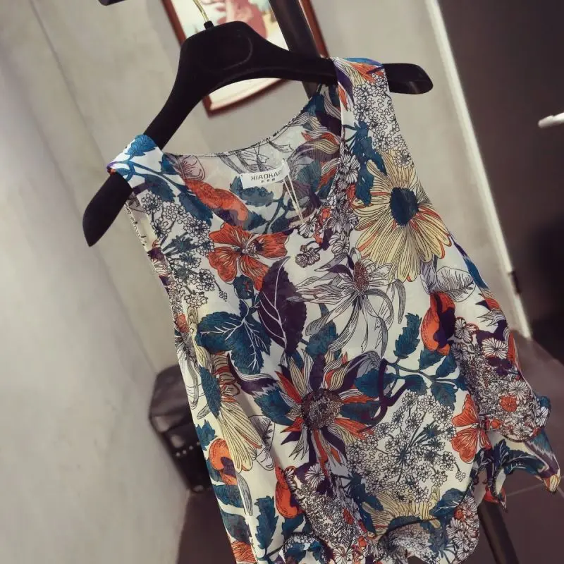 2024 New Summer Women's Commuter Korean Pullovers Crew Neck Printed Spliced Ruffles Elegant Loose Sleeveless Chiffon Tops