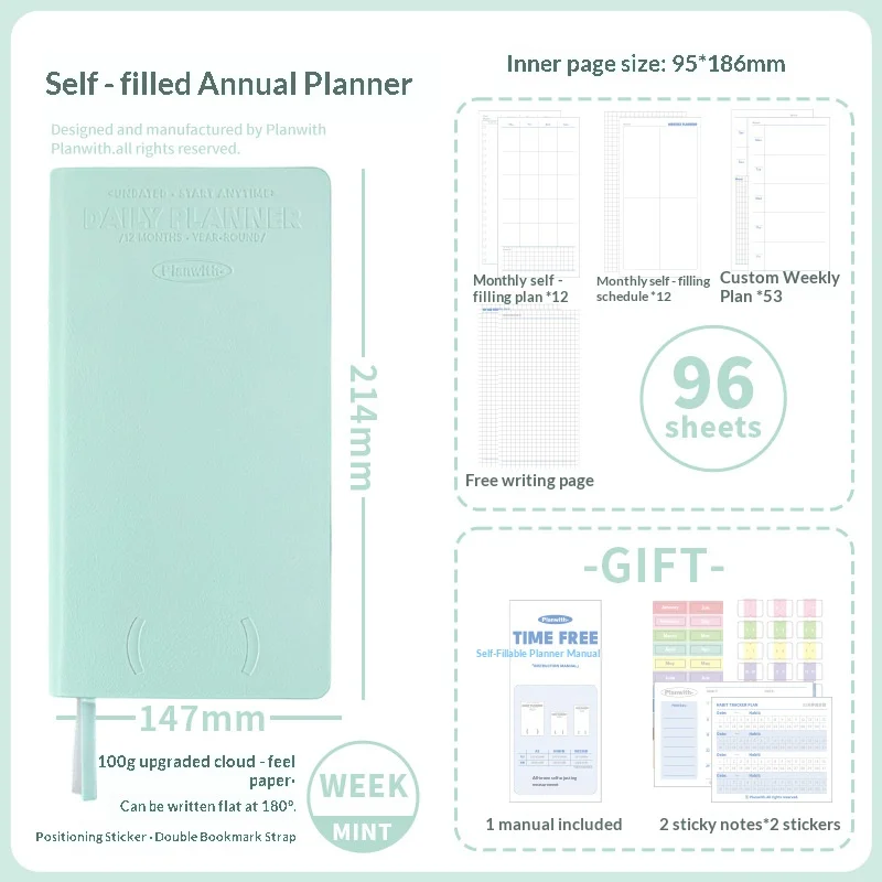 Planwith Undated Daily Planner - Premium A5 Notebook with 12 Monthly Plans, 53 Weekly Pages, Stickers, and Manual Organizer Journal