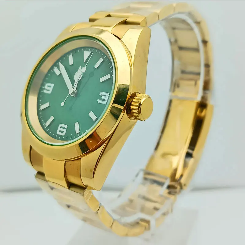 

39mm beveled edge Watch Stainless steel case Transparent back cover green edge glass dial Custom logo suitable for NH35 movement