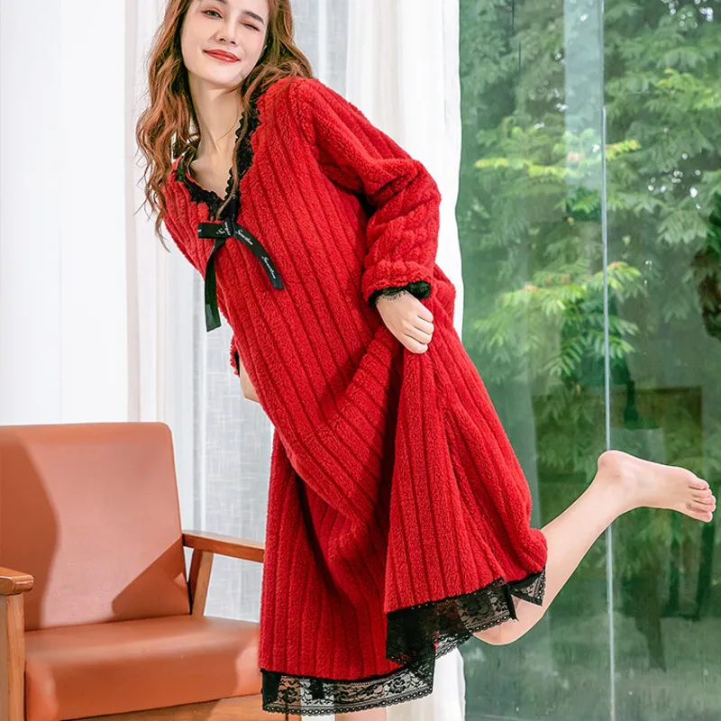Women Nightgowns Flannel Fleece Long Sleeve Nightdress Thicken Thermal Warm Winter Autumn Home Dressing Gowns Nightwear Pajamas autumn winter long sleeve sweet princess thick warm nightgowns women velvet sleepwear night dress nightdress home clothes f98