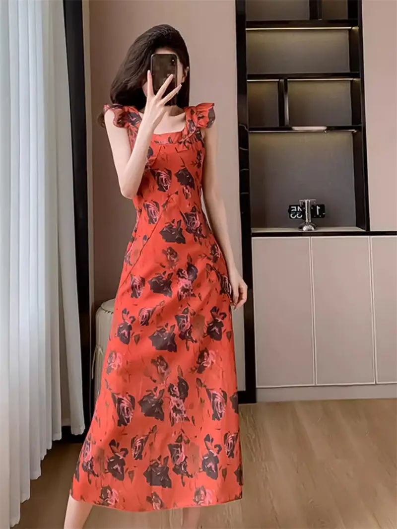 

French Red Travel Floral Dress For Women Slim Fit Summer 2024 Seaside Vacation Flying Sleeves Sleeveless Vest Long Dress K821