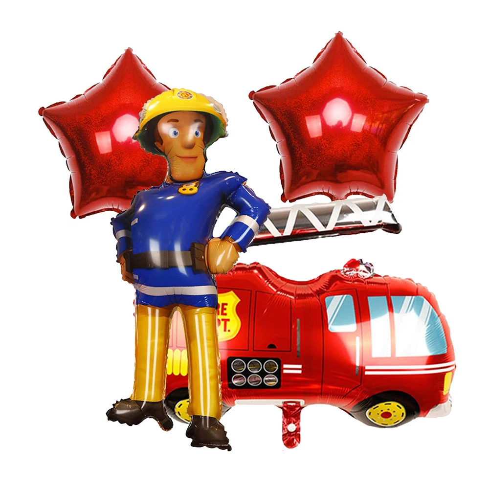 Set Di 9 Palloncini Per Festa A Tema Vigili Del Fuoco: 6 Fiamme 70x55cm, 2 Camion Pompieri 85x79cm, Decorazioni Per Compleanno Bambini, In Foil - 5