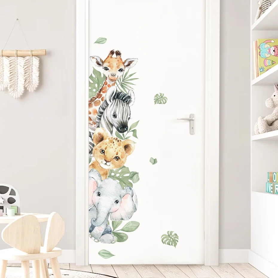 Door Stickers Cute Jungle Animals Elephant Giraffe Watercolor Wall Sticker for Kids Room Baby Nursery Room Decals Home Decor images - 6