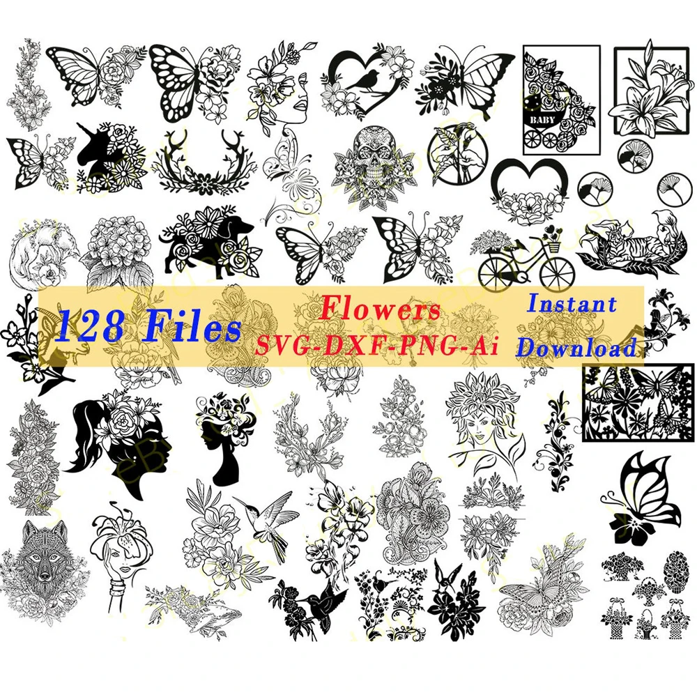 128 Flower Pattern Bundle Collection Laser Cut Templates SVG DXF PNG AI Files for Laser Cut and CNC Engraving router bits for wood Woodworking Machinery