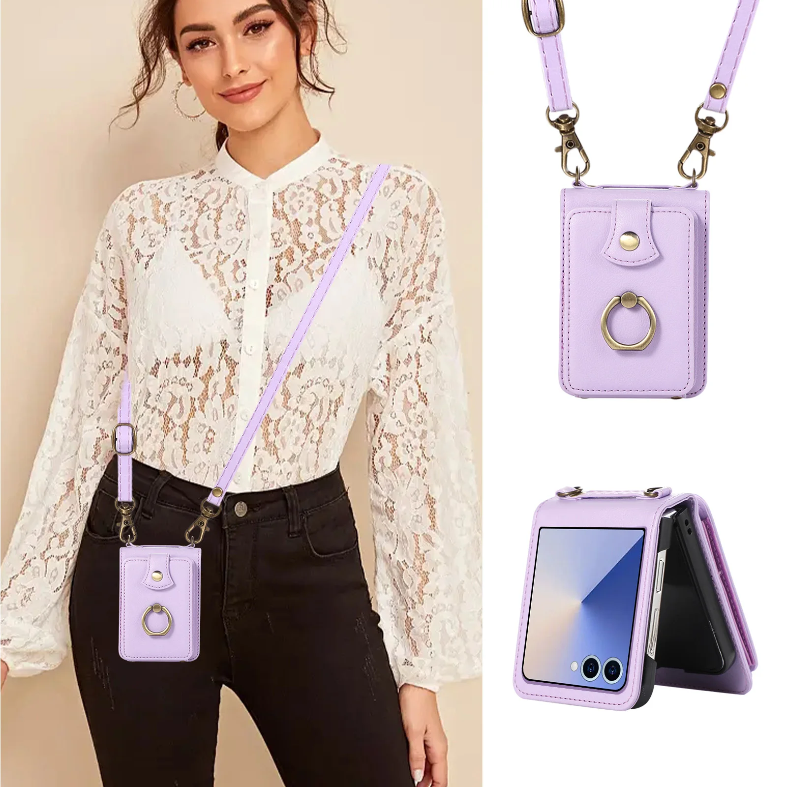 Leather Wallet Phone Case with Ring Card Holder and Crossbody Strap - Premium Protective Cover