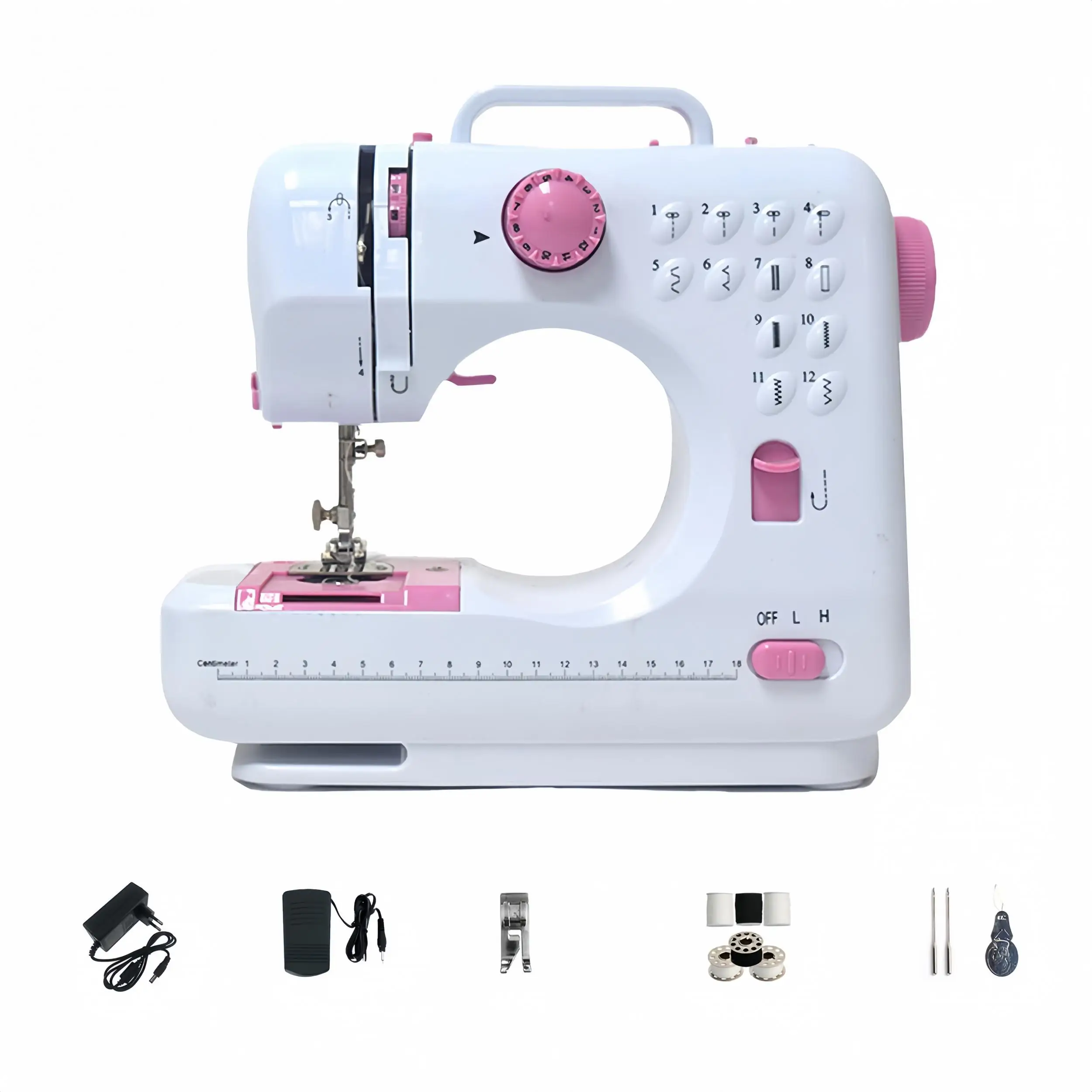 Macchina da cucire elettrica a 12 punti Macchina da cucire a doppio filo per uso domestico EU 220V Design del piedino sostituibile con pulsante rosa