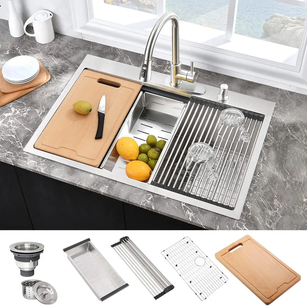 USA 25 Inch Drop In Kitchen Sink Workstation 25x20x10 Stainless Steel Overmount Kitchen Sink 10 Inch Deep Sink w/Cutting Board 5