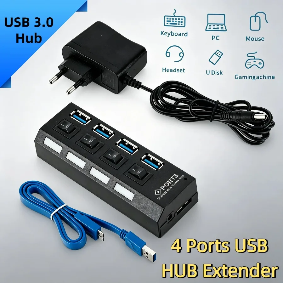 High-Speed Multi-Port USB Hub with LED and On/Off Switch