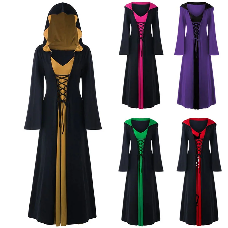 

Woman Vintage Medieval Punk Stitching Costumes Literary Long-sleeved Lace-up Waist Hooded Dresses For Female Loose Vestido Robe