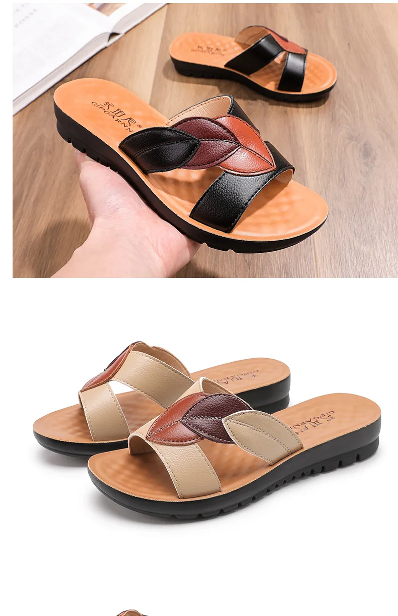 Plus Size 2025 Summer New women Slippers Genuine Leather Open Toe Casual Comfortable women's wedges shoes Mother Slip on Sandals