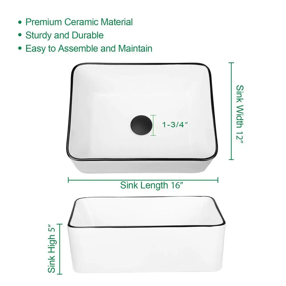 Rectangle Ceramic Vessel Sink White 16''x12'' Above Counter Small Porcelain Black Body Combo 5