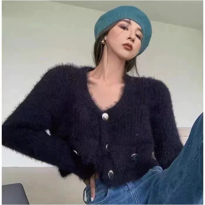 Ladies' V-Neck Knitted Sweater Short Style Long Sleeve Soft Fabric Spring Autumn Fashion High-End Feeling Small Size Top