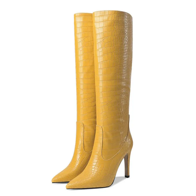 water proof yellow wholesale luxury sexy women girl heels knee plus size leather long boots ladies pointed thigh high boots
