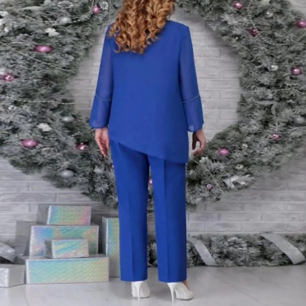 

Женский деловой костюм для работы, стильный женский осенне-весенний комплект из топа с V-образным вырезом и брюк, необычный подол, свободный крой, искусственная кожа для женщин