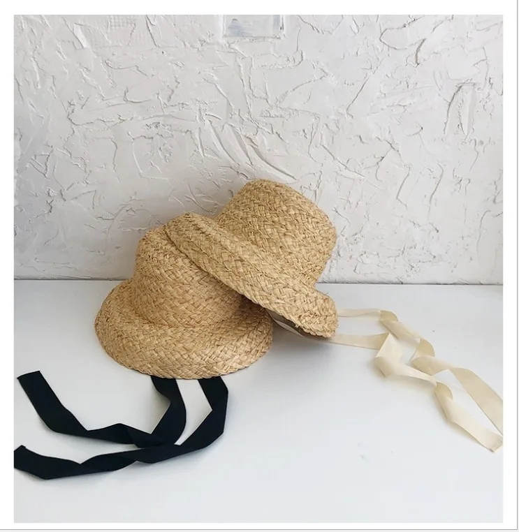Children Hand-knitted Raffia Retro Flat Top Sun Hats Girls and Boys Summer Travel Sunscreen Vacation Straw Hat with Lacing straw hat outdoor sun hat baby sun hat