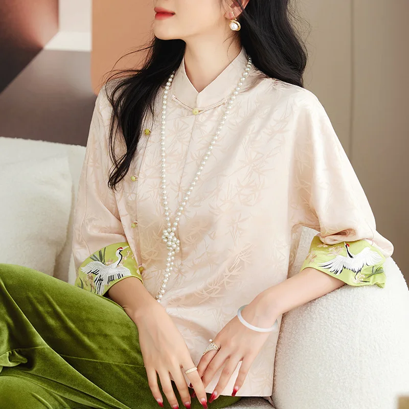 

High-end Spring Summer Acetate Jacket Top Chinese Style Retro Embroidery Floral Elegant Lady Coat Female S-XXL