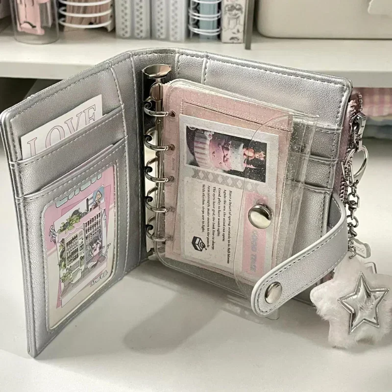 1Pcs Silver Small Notebook Soft Leather Girls Portable Card Holder Student Binder M5 Notepad Simple Ins Style Flipbook 4
