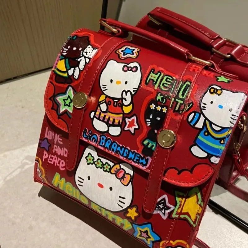 Mochila MBTI Hello Kitty para Mulheres, Quadrado Bonito, Vintage, Vermelho, Harajuku, Mochilas Casuais, Designer de Moda Feminina, Bolsa de Luxo, Graffiti