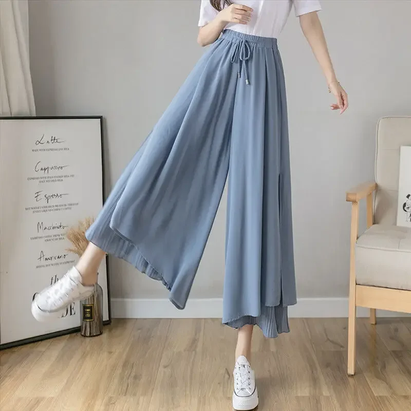 Fashion Women's Trousers Chiffon Wide Leg Pants Pleated Culottes High Waist Cheap Wholesale Dance Loose Free Shipping Korean