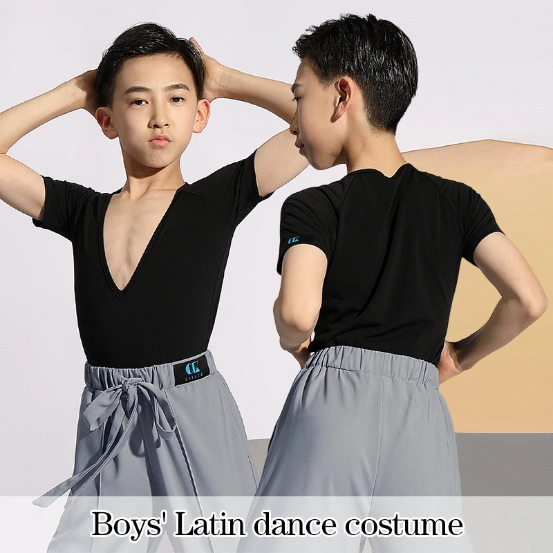 Boys Latin Dance Tops Children Sexy V-Neck Shirts Kids Rumba Ballroom Tango Practice Competition Stage Performance Costumes