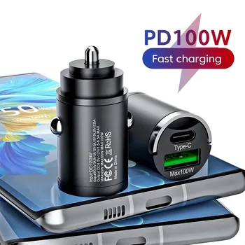 Mini 100W PD QC Pull Ring Caricabatteria da auto con ricarica super veloce Adattatore per caricabatteria da telefono per auto USB C per iPhone Xiaomi Samsung Huawei