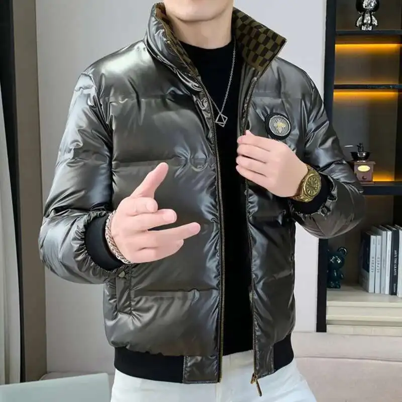 남성용 2023 스탠드 칼라 쉬니 다운 단색 코트, 긴팔 재킷, 레터 프린트 재킷, 샤이니 다운 재킷, 블랙, 겨울
