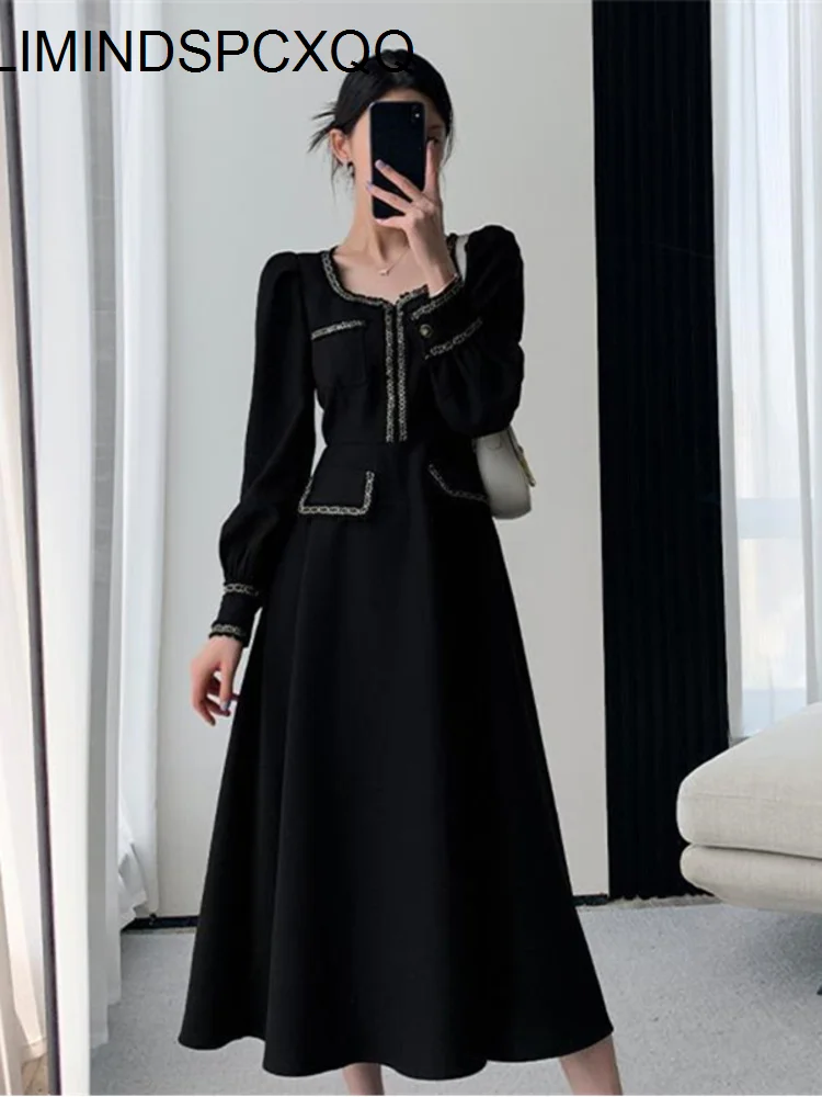 

Fashion Black Dress Women 2023 Autumn Long Sleeve Mididress Ladies Square Neck French Retro Skinny Slim Elegant Evening Dresses