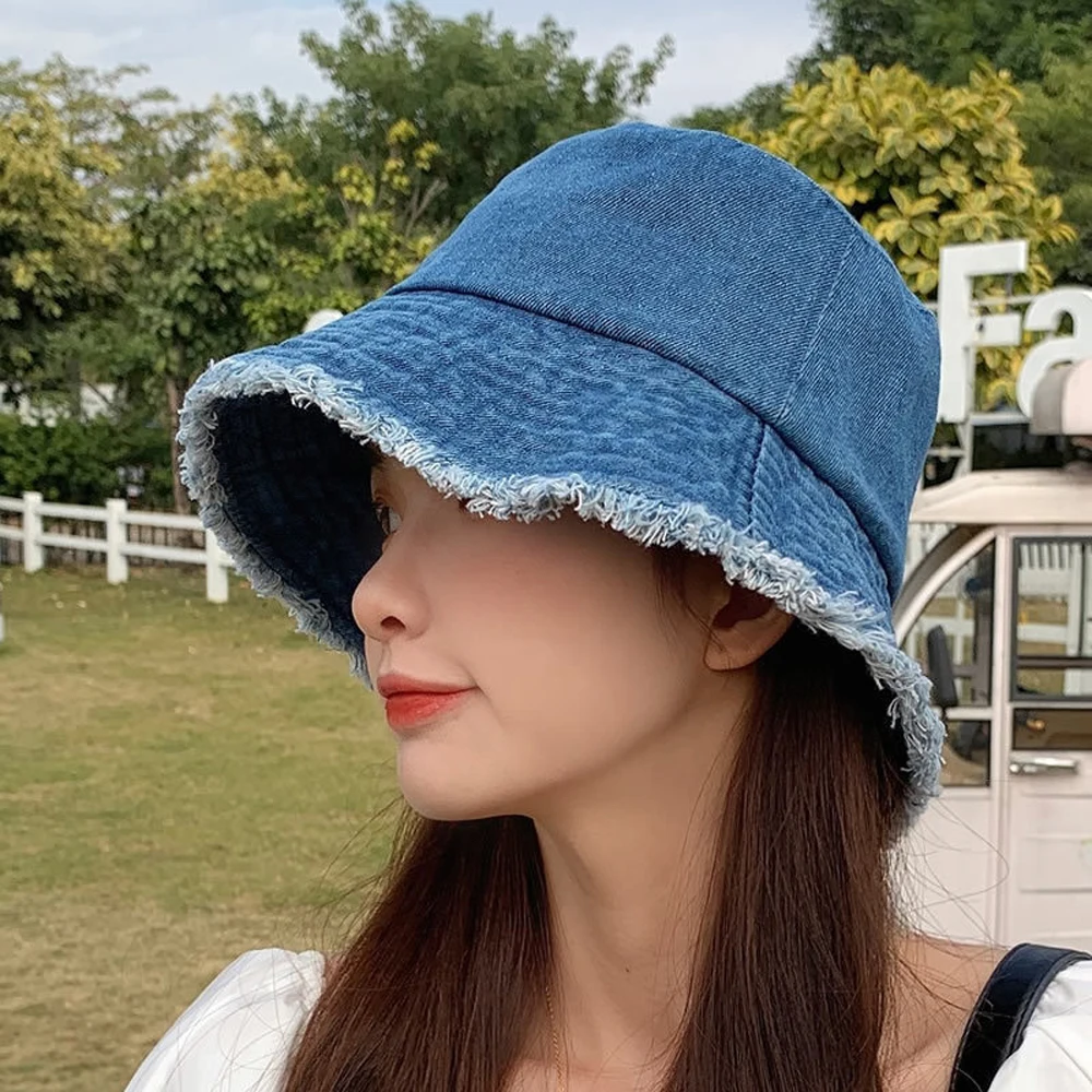 blue Women Denim Bucket Hats Foldable Fisherman Washed Flat Bucket Hat  Outdoor Beach Sunhat Cap Tassel Cute Gir Outdoor Women