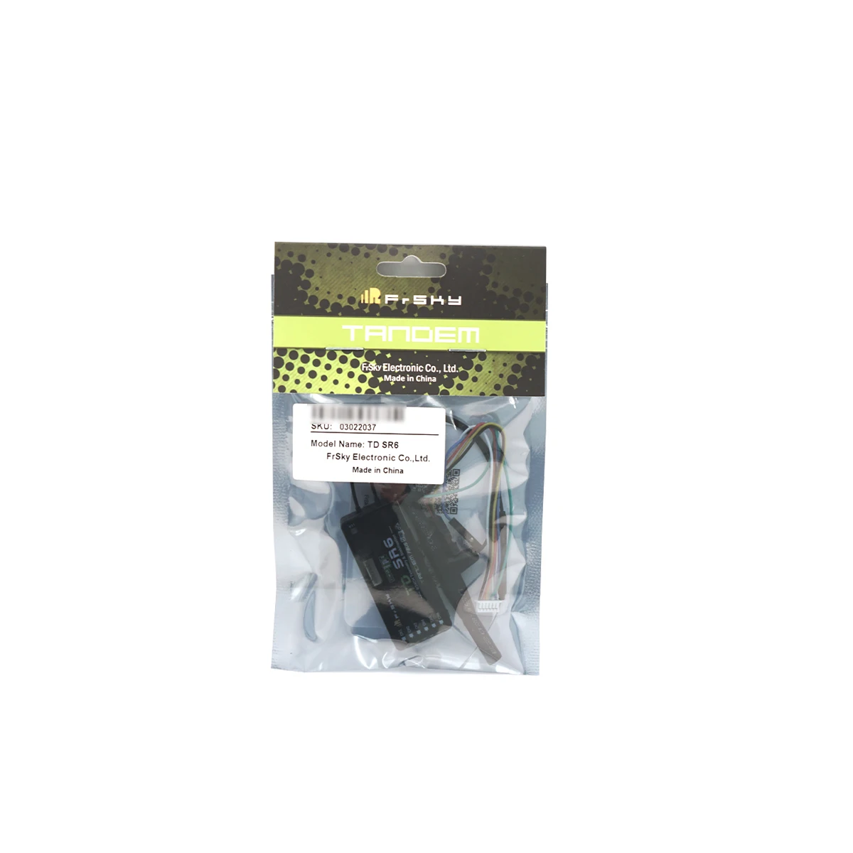 Boîtier du récepteur FrSky TD SR6 Tandem Bi-Bande – Stabilisation et Portée Exceptionnelle avec étiquette et connecteurs visibles.