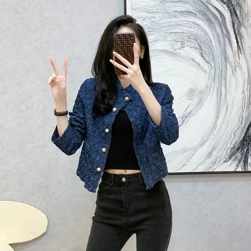 

Female Spring Autumn Fragrance Rhombic Pattern Tide Light Luxury 2023 New Short Jean Jacket Denim Coat Blue