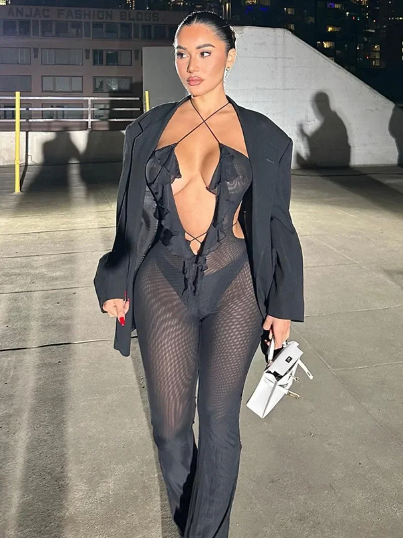

Sexy Women's Sleeveless Halter Ruffles Mesh Jumpsuit 2024 High Waist Hollow Out See-through Backless Party Night Club Bodysuit
