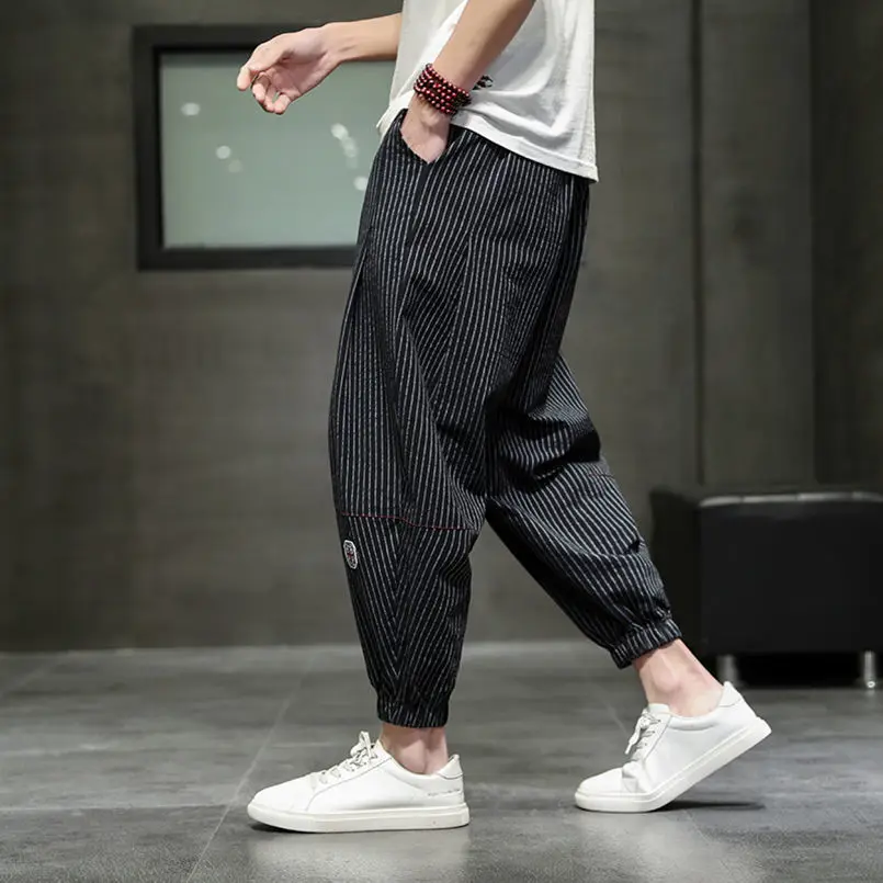 Spring Summer Fashion High Waist Men's Clothing Solid Color Tie Feet Slimming All Match Pockets Solid Cotton Line Casual Pants