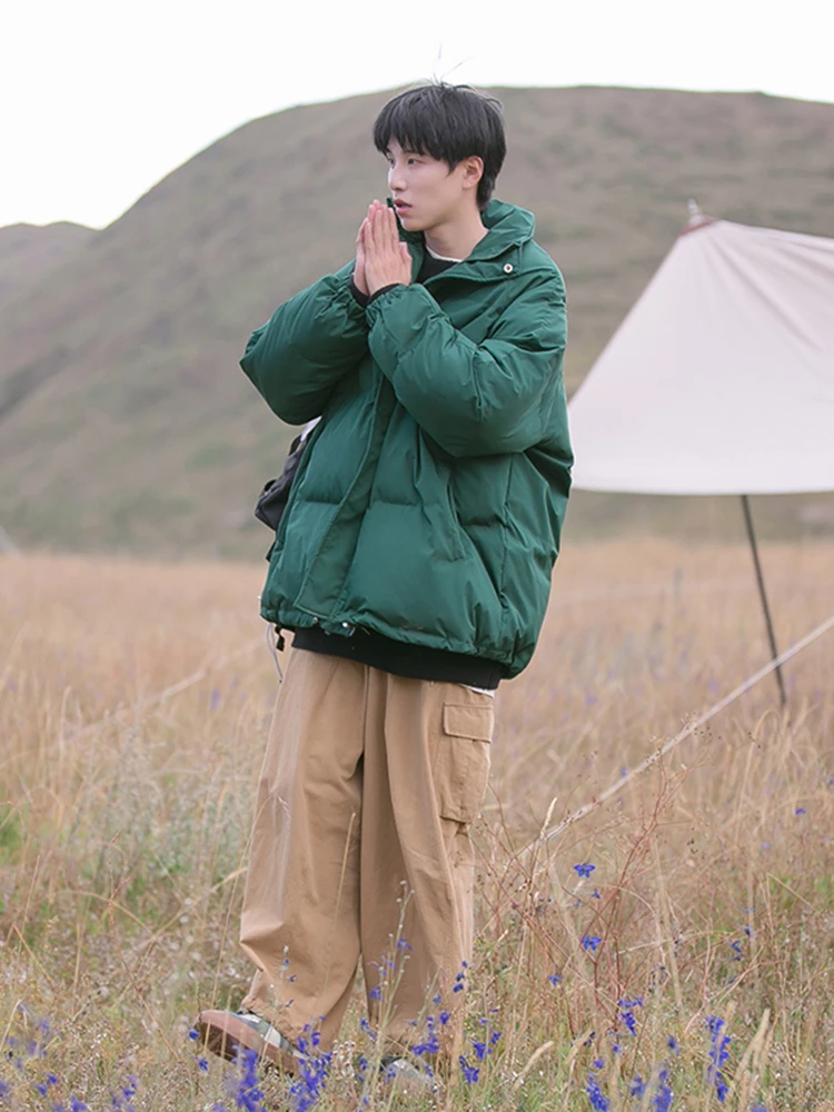 Down Jacket Men's Solid Color Loose Simple Short Thickened Warm Japanese Stand Collar Cotton Winter Side Seam Sidekick Coat 1Pc