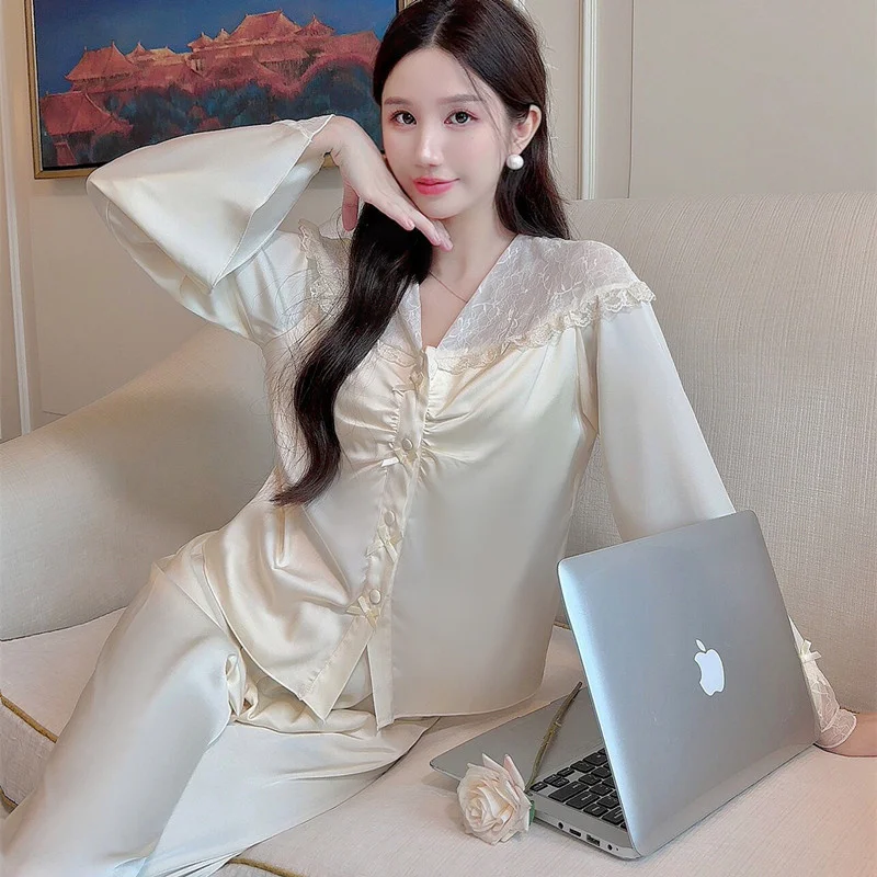 Summer Elegant French Style 2PCS Pajamas Set V-Neck Lace Ice Silk Nightwear Women Satin Pajamas Top pant  Simple Home Clothes