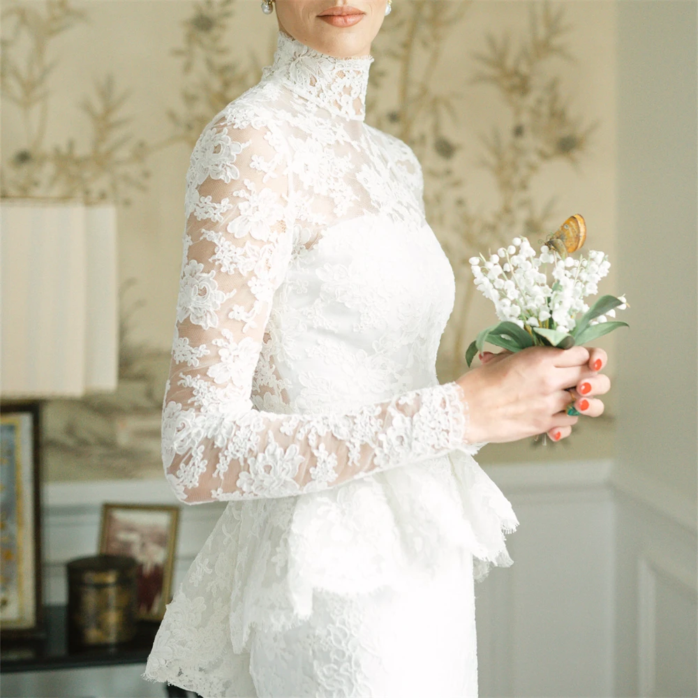 chinese dress ladies Open Back Sheath Lace Mermaid Wedding Dress with Long Sleeves US0 / As Picture main image 0