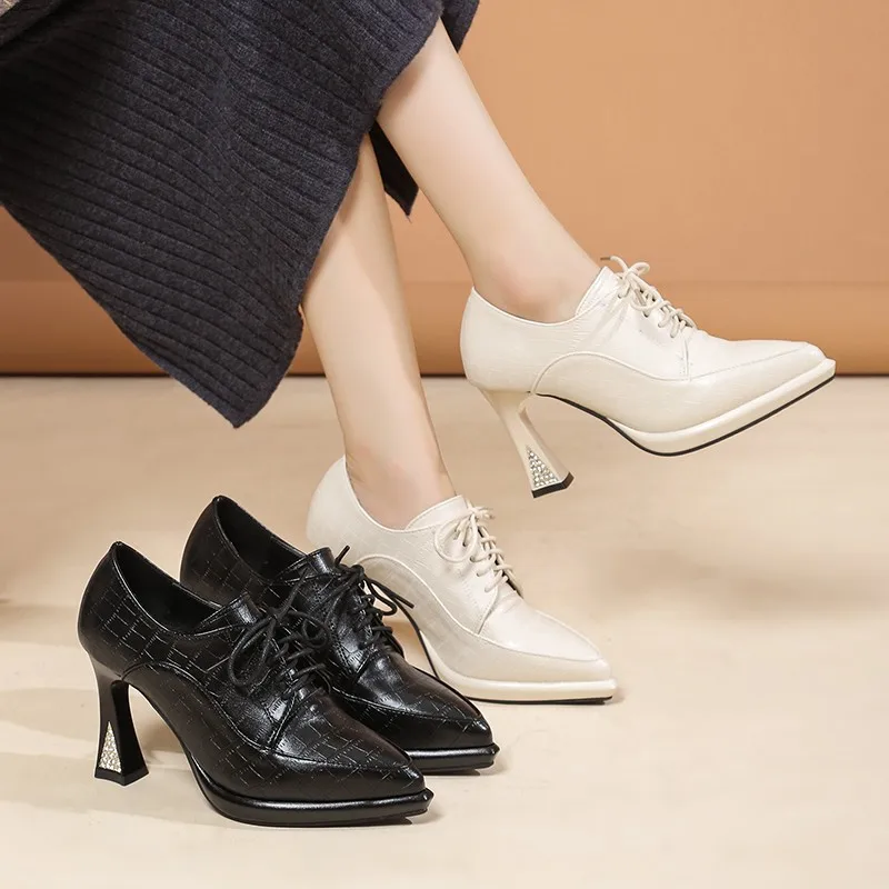 High Heels Hoof Pumps Women Lace Up Pumps PU Leather Shoes Female - Main Image
