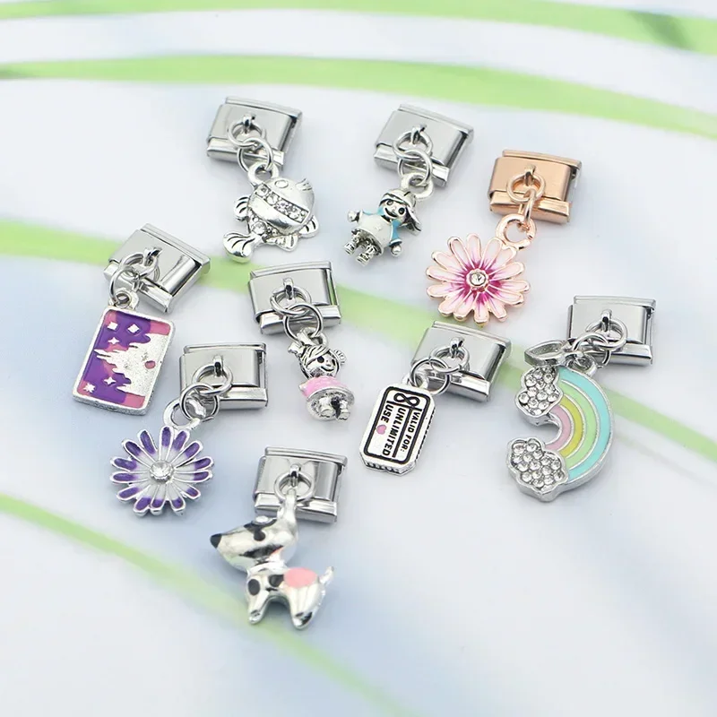 Charm Bracelet Fashion Sweet Flower Fish Rainbow Dog Boy Girls Charm Links 9mm Stainless Steel Bracelet Making DIY Jewelry