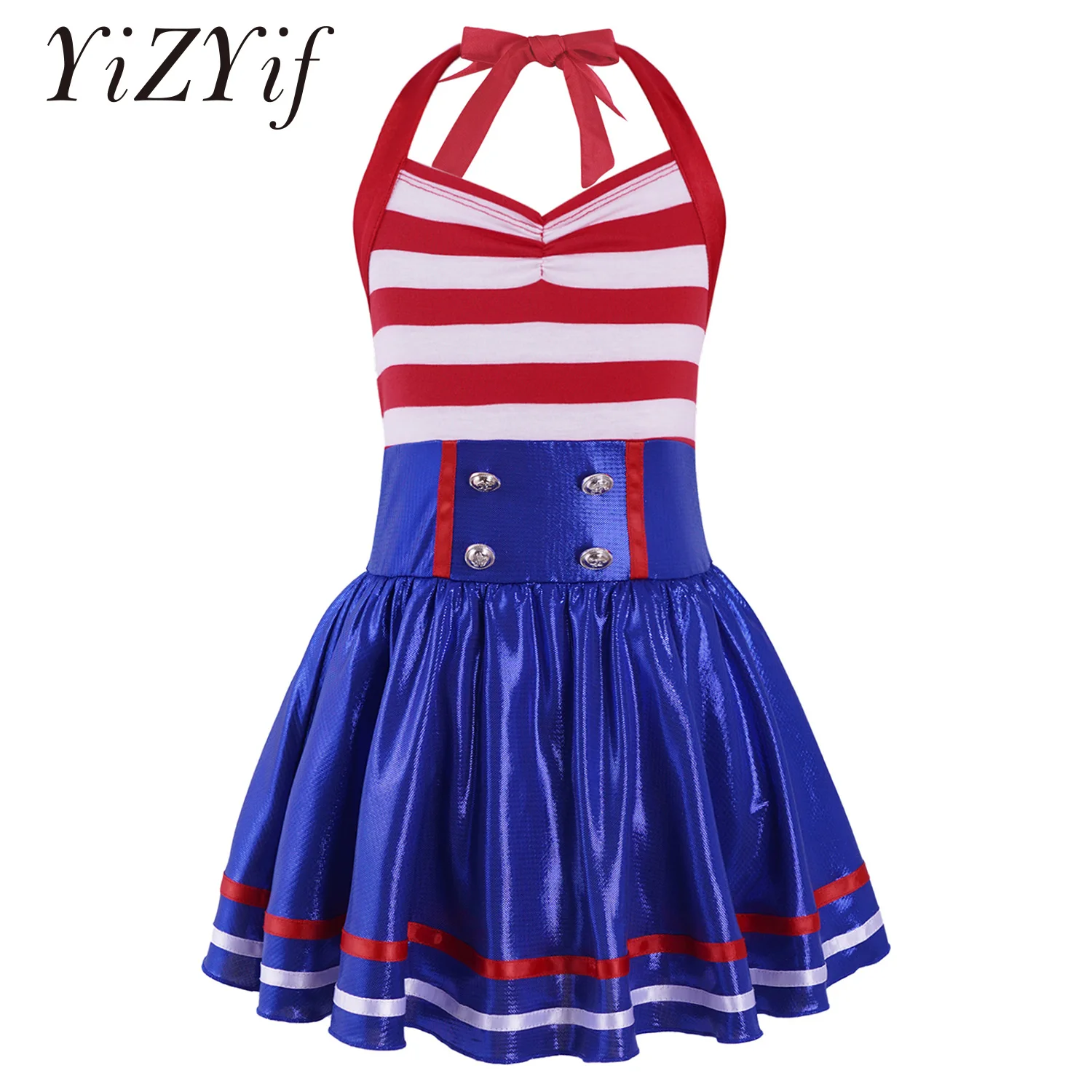 

Navy Uniform Dress Kids Girls Adjustable Halter Striped Pleated Dress Halooween Party Stage Performance Sailor Cosplay Costume