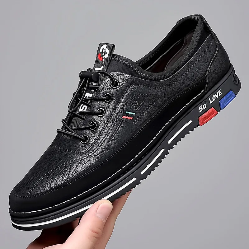 Genuine Leather Man Shoes Elastic Band Men's Sneakers Concise Soft Soled Men Casual Shoes Light Running Sneaker Tenis Shoes 50 4
