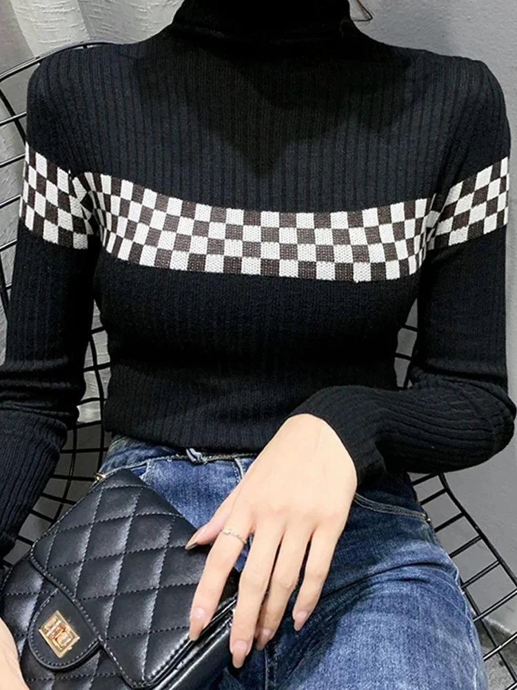 

Winsleter Elegant Basic Clothes Sweater Long Sleeve Pullover Autumn Winter Women Turtleneck Houndstooth Knit Tops T30443JC