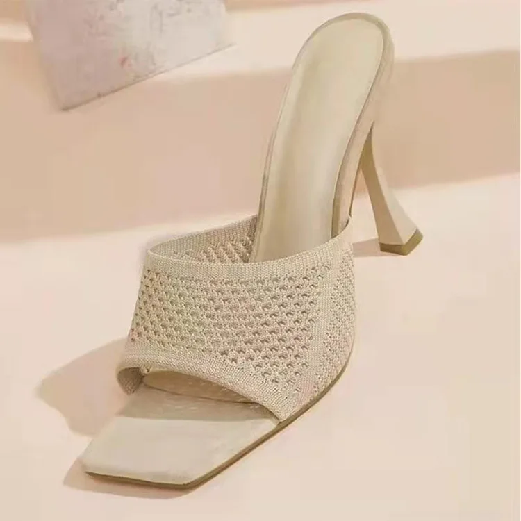 

Hot 2022 Air Mesh Slippers Women High Heel Summer Slides For Women Beach Sandles Shoes Slingback Sandalias Square Toe Sandals