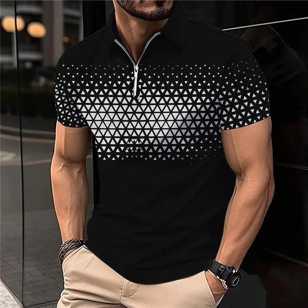 

New Summer T Shirts for Men 2023 Short Sleeve Turn-down Collar Letter Printing Button Striped Polo Tees Fashion Pullover Tops