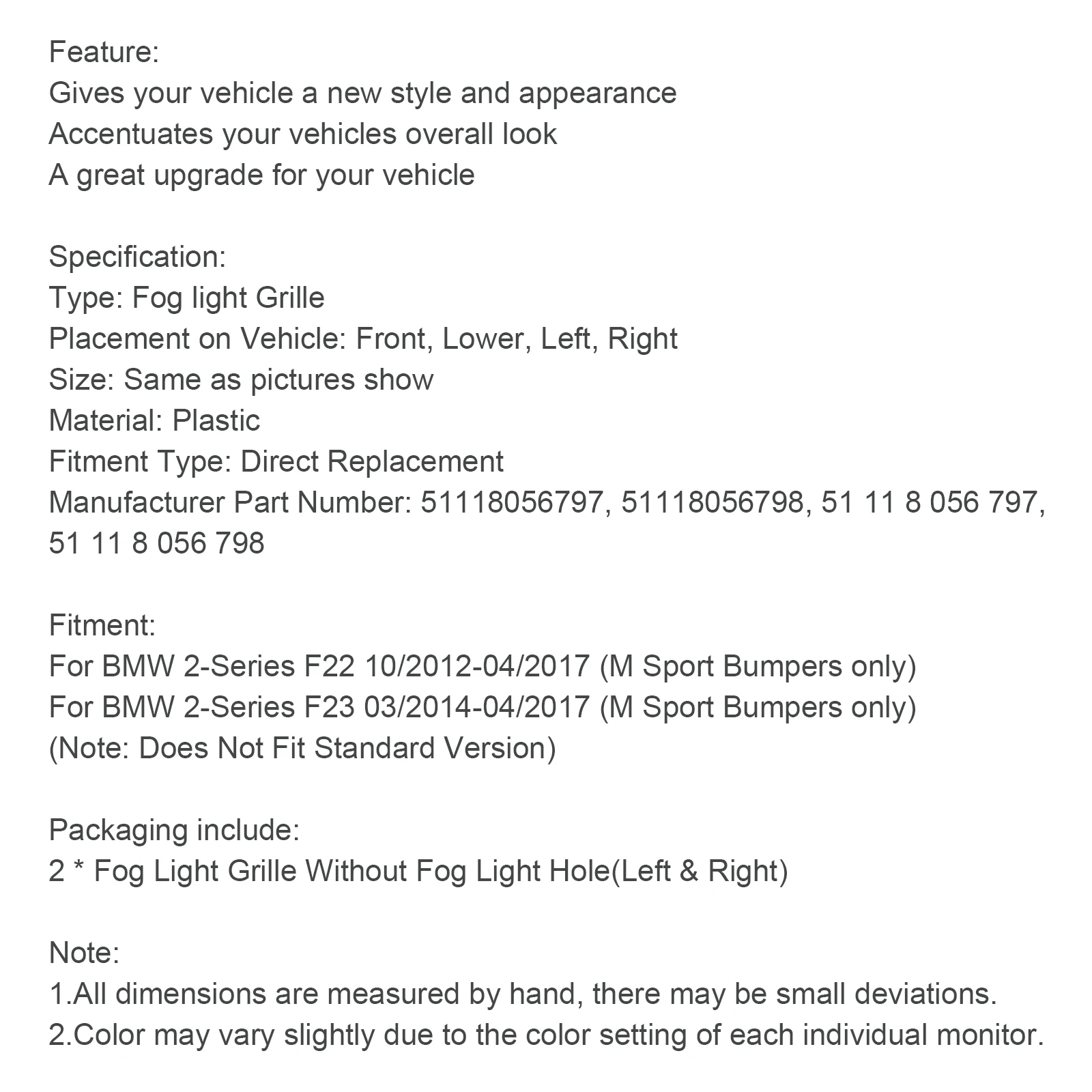 Areyourshop 2 Stück Vordere Stoßstange M Sport Nebelscheinwerfer-Gitter Passend für BMW F22 F23 2012 2013 2014 2015 2016 2017 51118056797 – Detail 14