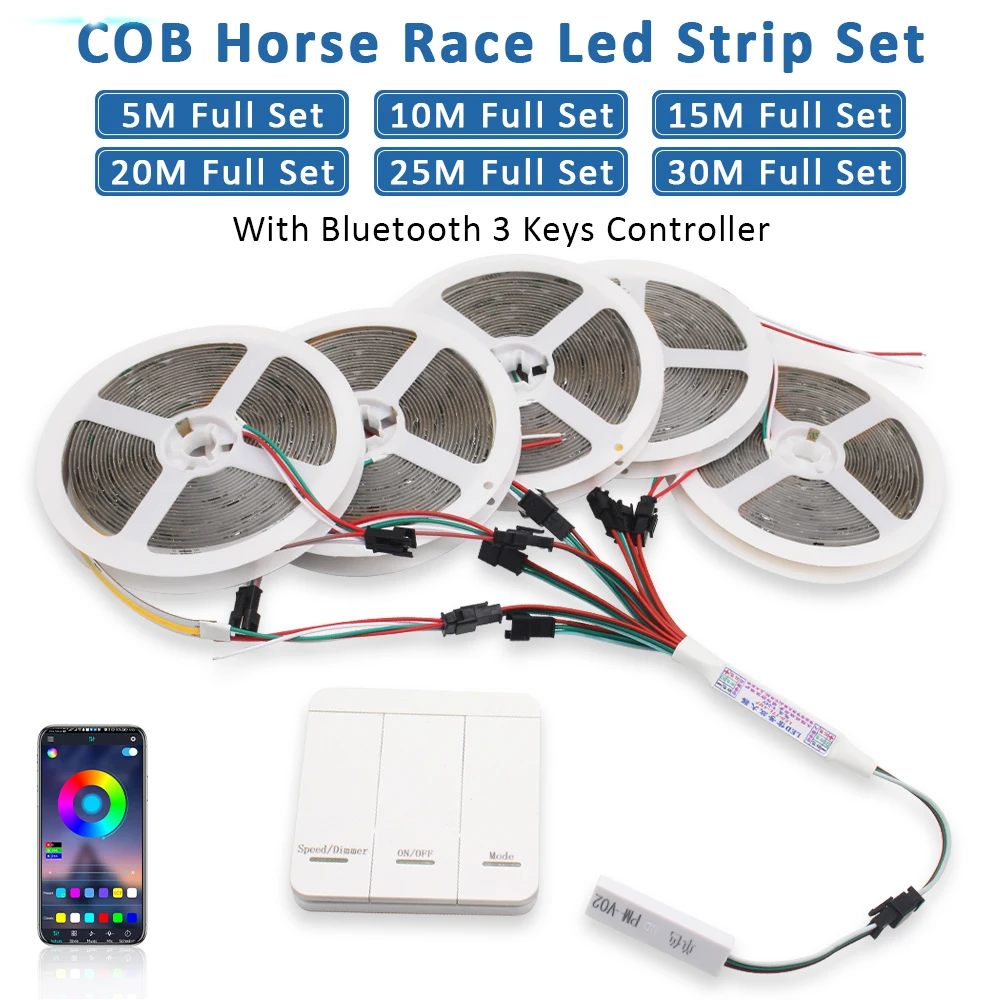 

WS2811 COB Running Water Flowing LED Strip Light DC24V 20M 30M Horse Race Chasing Tape Wireless Bluetooth Controller Remote Kit